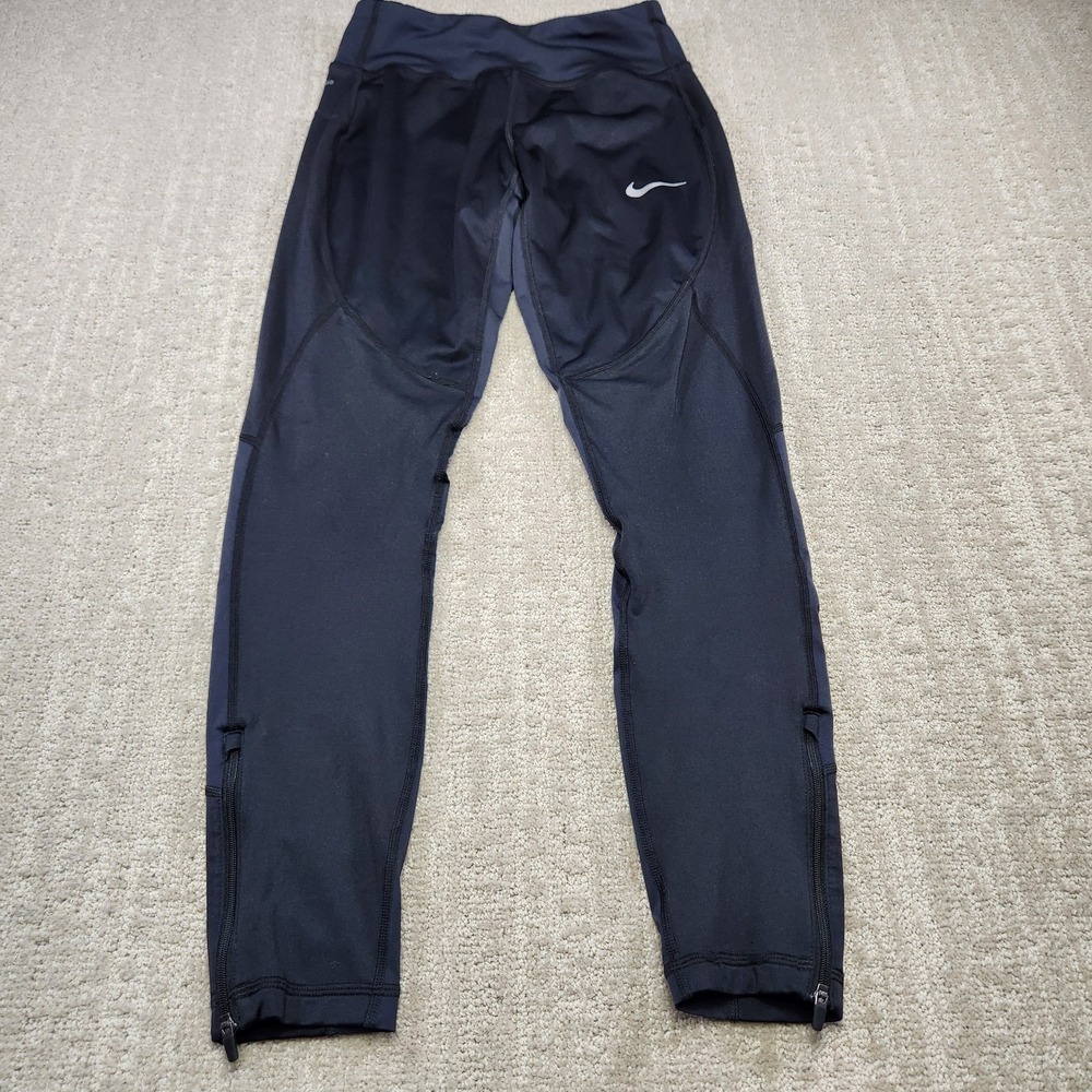 Nike Running Pants Women XS Shield Phenom Tights Ankle Zip Black Drawstring‎
